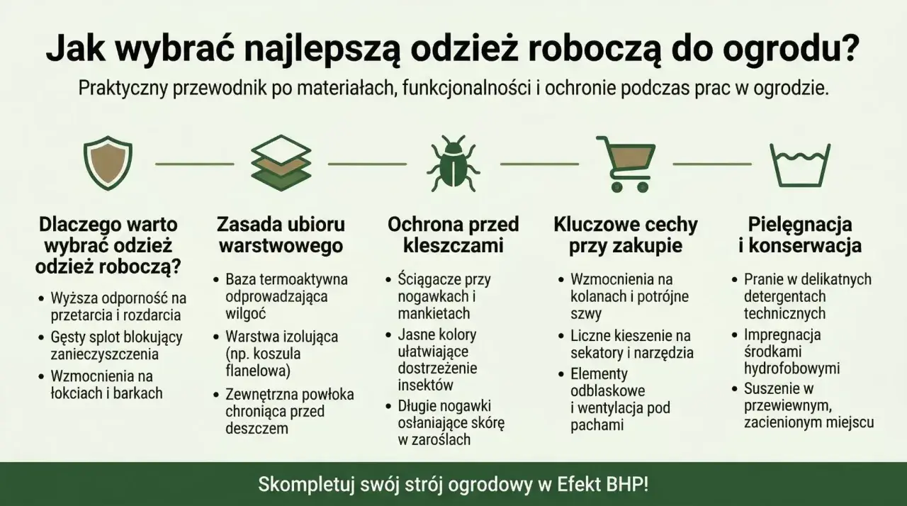 Przewodnik po wyborze odzieży roboczej do ogrodu: materiały, ochrona przed kleszczami, kluczowe cechy przy zakupie. Najlepsi producenci odzieży roboczej oferują trwałe i funkcjonalne rozwiązania.