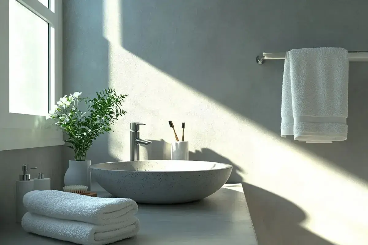 Lavabo moderno con encimera y paredes de microcemento baño. Toallas blancas, plantas y dispensadores de jabón.
