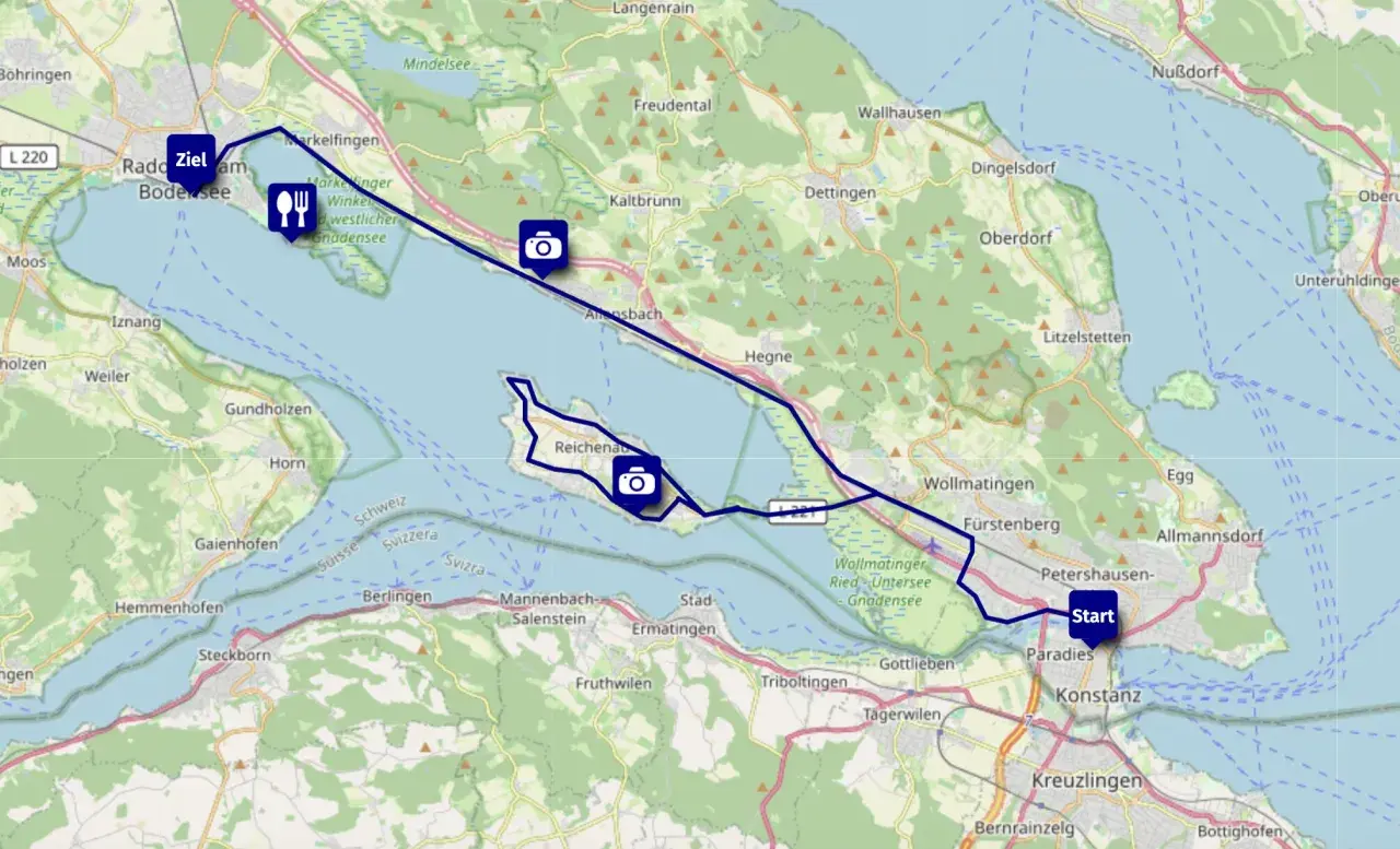 Rennradtour am Bodensee: Start in Konstanz, über Reichenau und Ziel am Radolfzeller See.