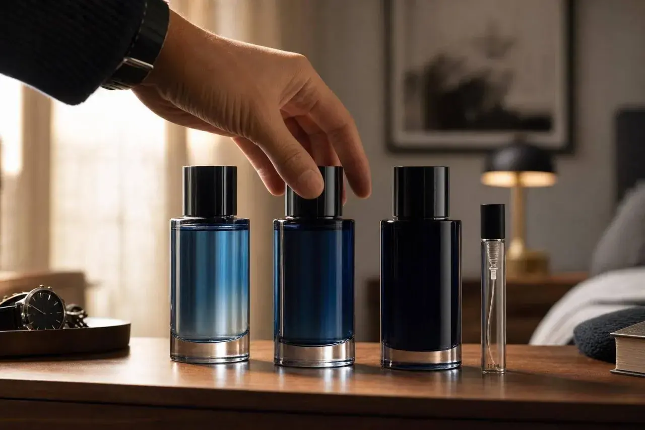 Dłoń sięga po flakonik perfum. Na drewnianym blacie stoją trzy butelki Christian Dior Sauvage w odcieniach błękitu i granatu, obok mały atomizer.