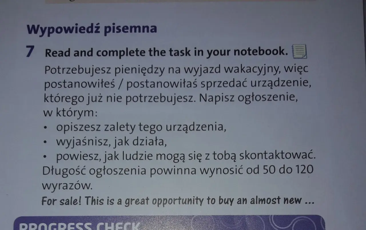 Instrukcja do zadania: jak się pisze ogłoszenie o sprzedaży niepotrzebnego urządzenia, by zarobić na wakacje. Opisz zalety, działanie i dane kontaktowe.