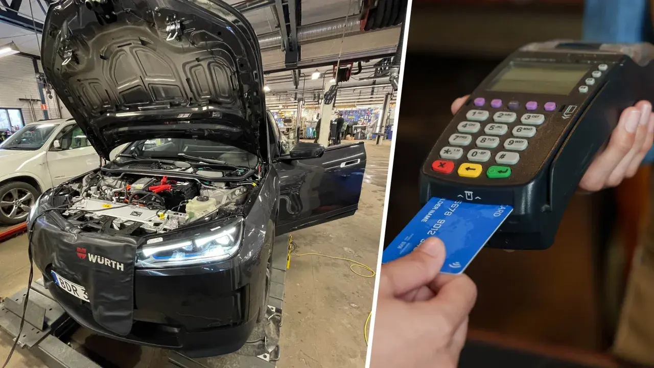 Elbil på verkstad med öppen motorhuv, redo för service. Betalning sker med kort.