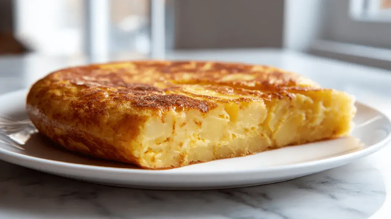 Chrupiąca tortilla ziemniaczana z air fryera na białym talerzu.