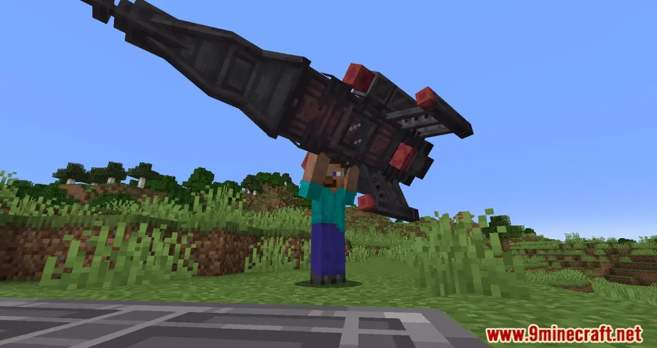 Steve z Minecrafta podnosi rakietę z modu ad astra.