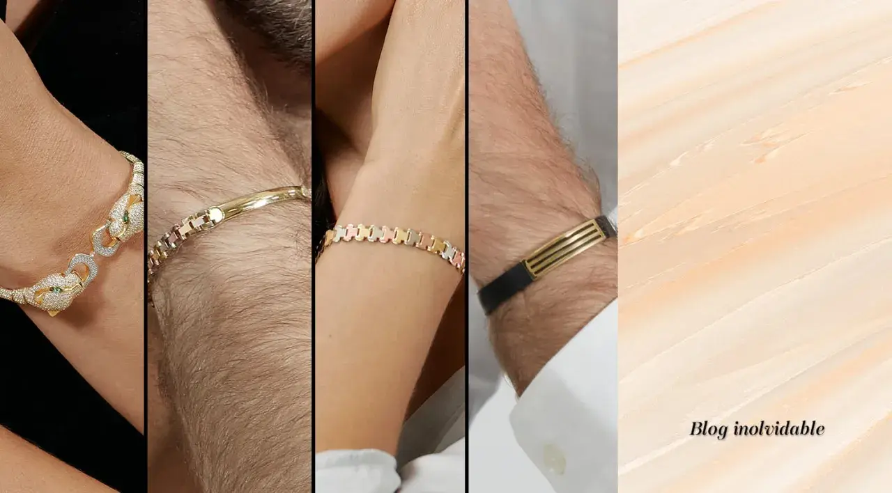 Pulsera oro eslabones: un diseño de pantera con diamantes, una pulsera de oro para hombre y otra tricolor.