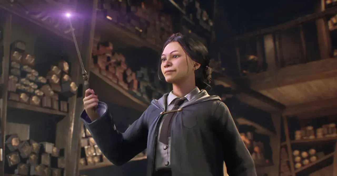 Dziewczyna z różdżką w sklepie z różdżkami, inspiracja do gry Hogwarts Legacy poradnik.