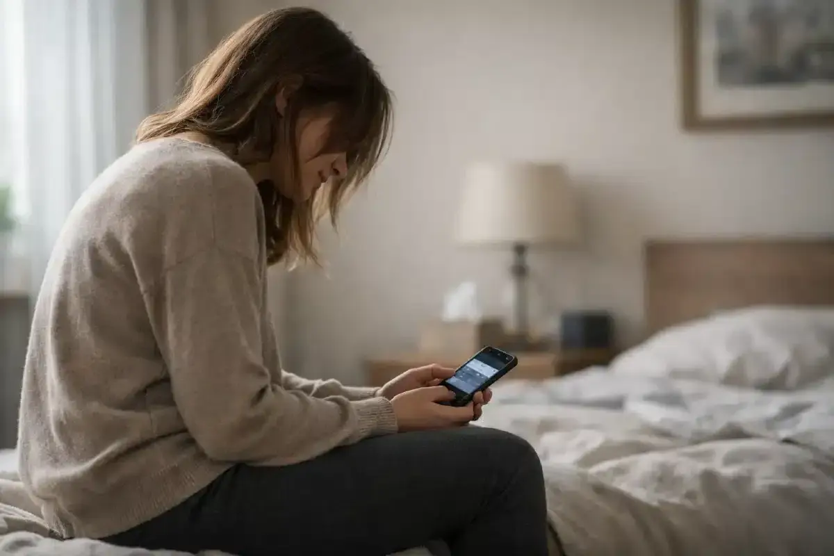En kvinna sitter på en säng och tittar ner på sin telefon. Hon verkar ensam, kanske upplever atypisk depression.