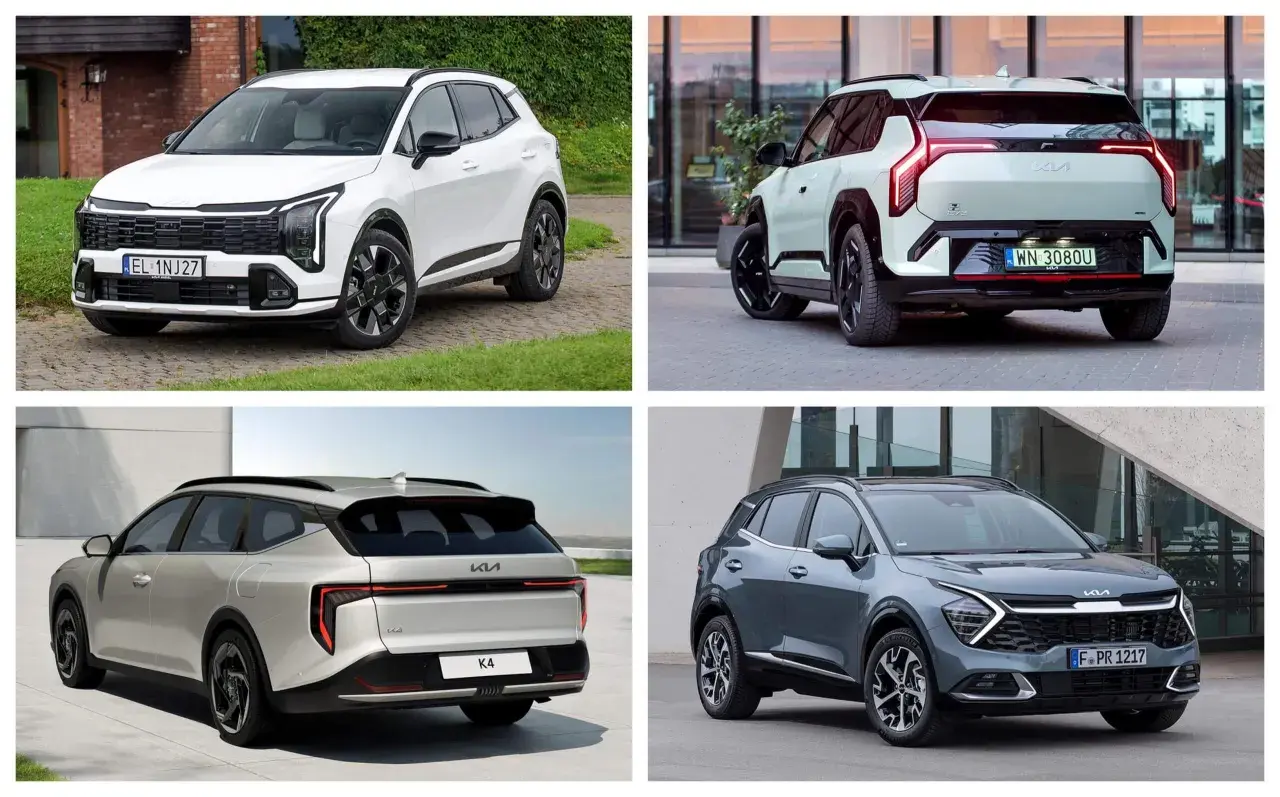 Cztery różne modele Kia: biały SUV z przodu, jasnoszary SUV z tyłu, srebrne kombi z tyłu i szary SUV z przodu.
