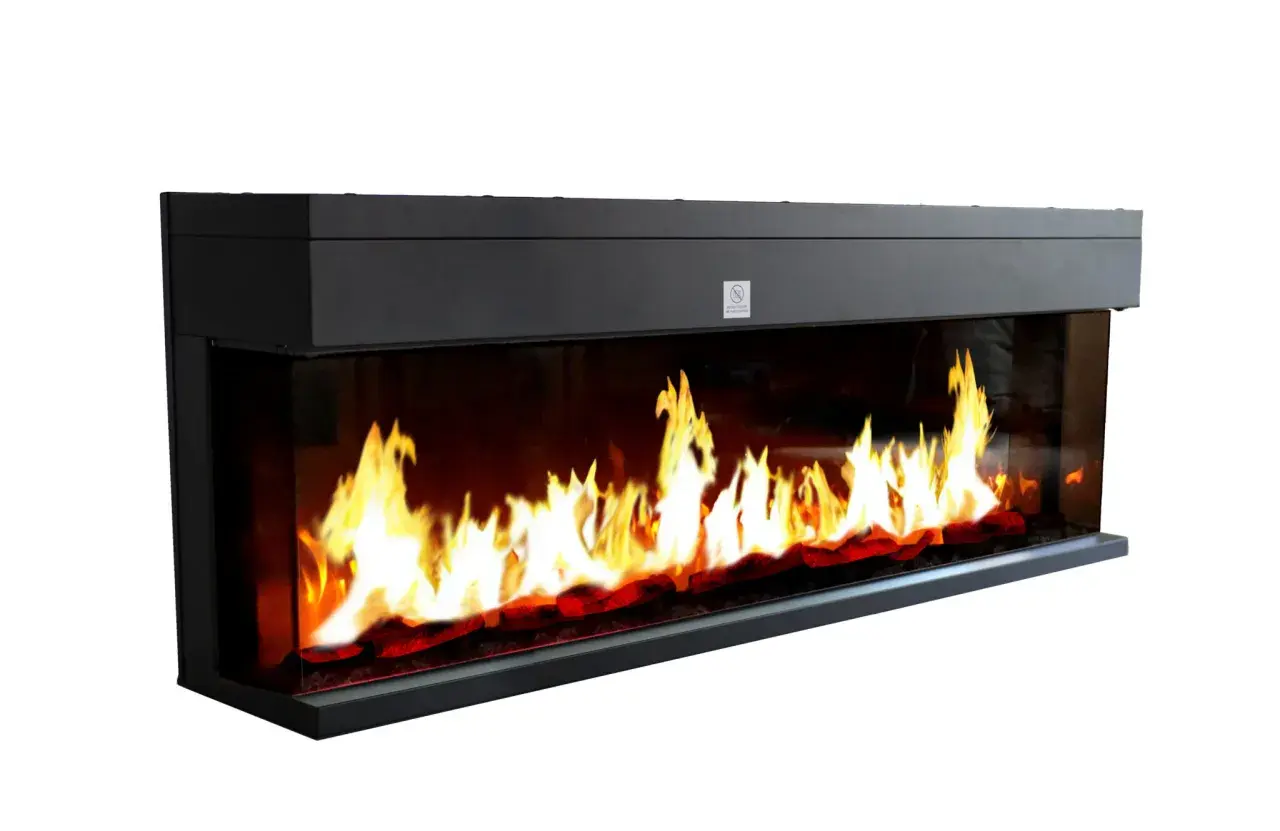 Chimenea 3d moderna con llamas realistas y troncos incandescentes, creando un ambiente acogedor.