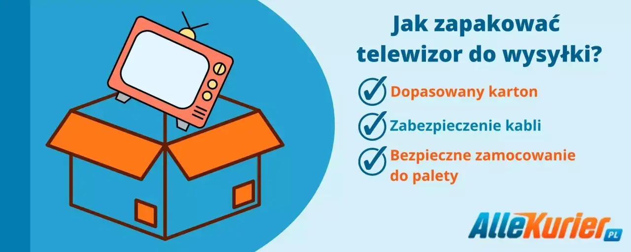 Jak wysłać telewizor kurierem? Ilustracja pokazuje telewizor w kartonie, z zaznaczonymi punktami: dopasowany karton, zabezpieczenie kabli, bezpieczne zamocowanie do palety.