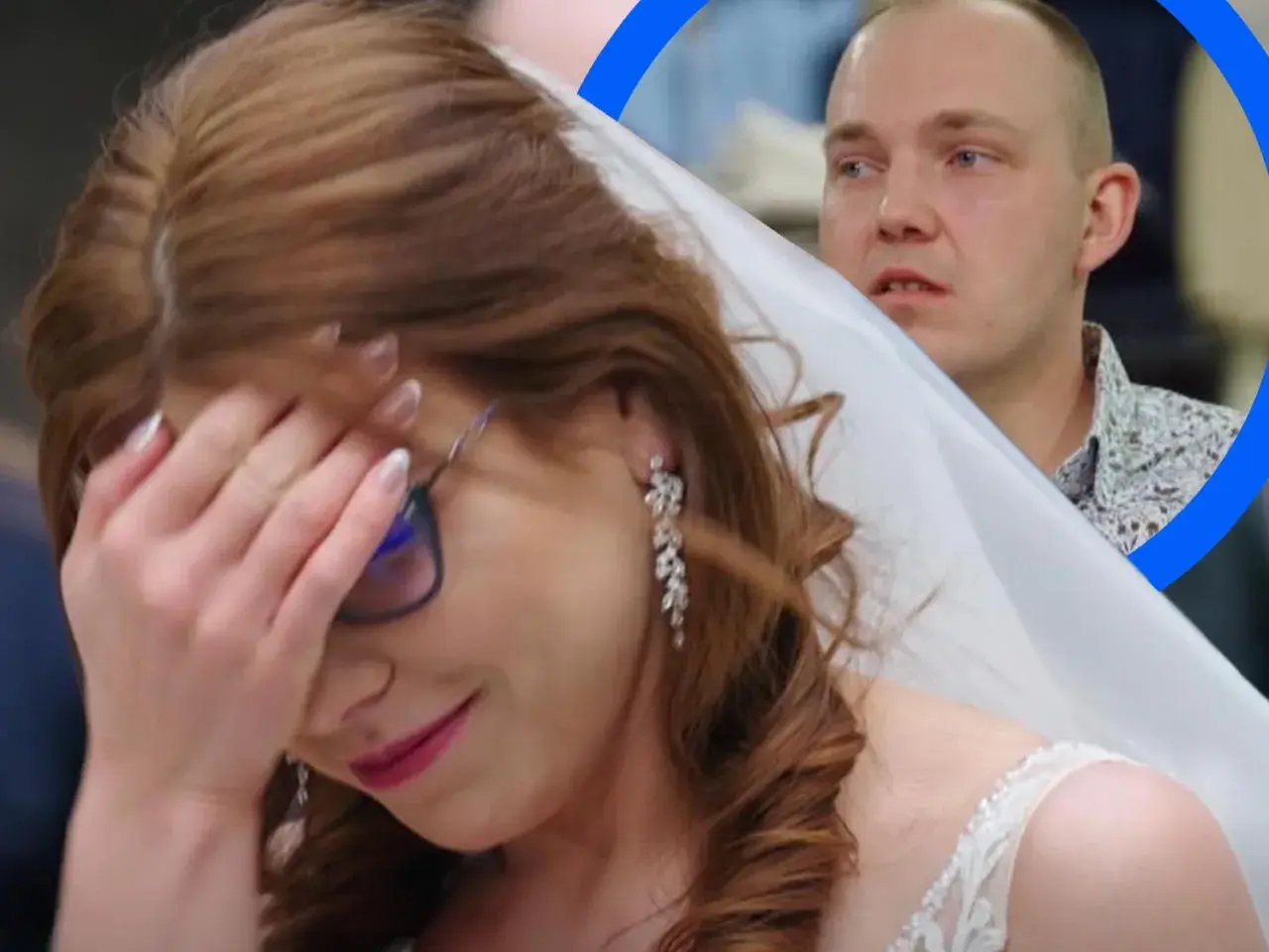 Emocje na ślubie od pierwszego wejrzenia. Panna młoda zakrywa twarz, pan młody patrzy z niepokojem.
