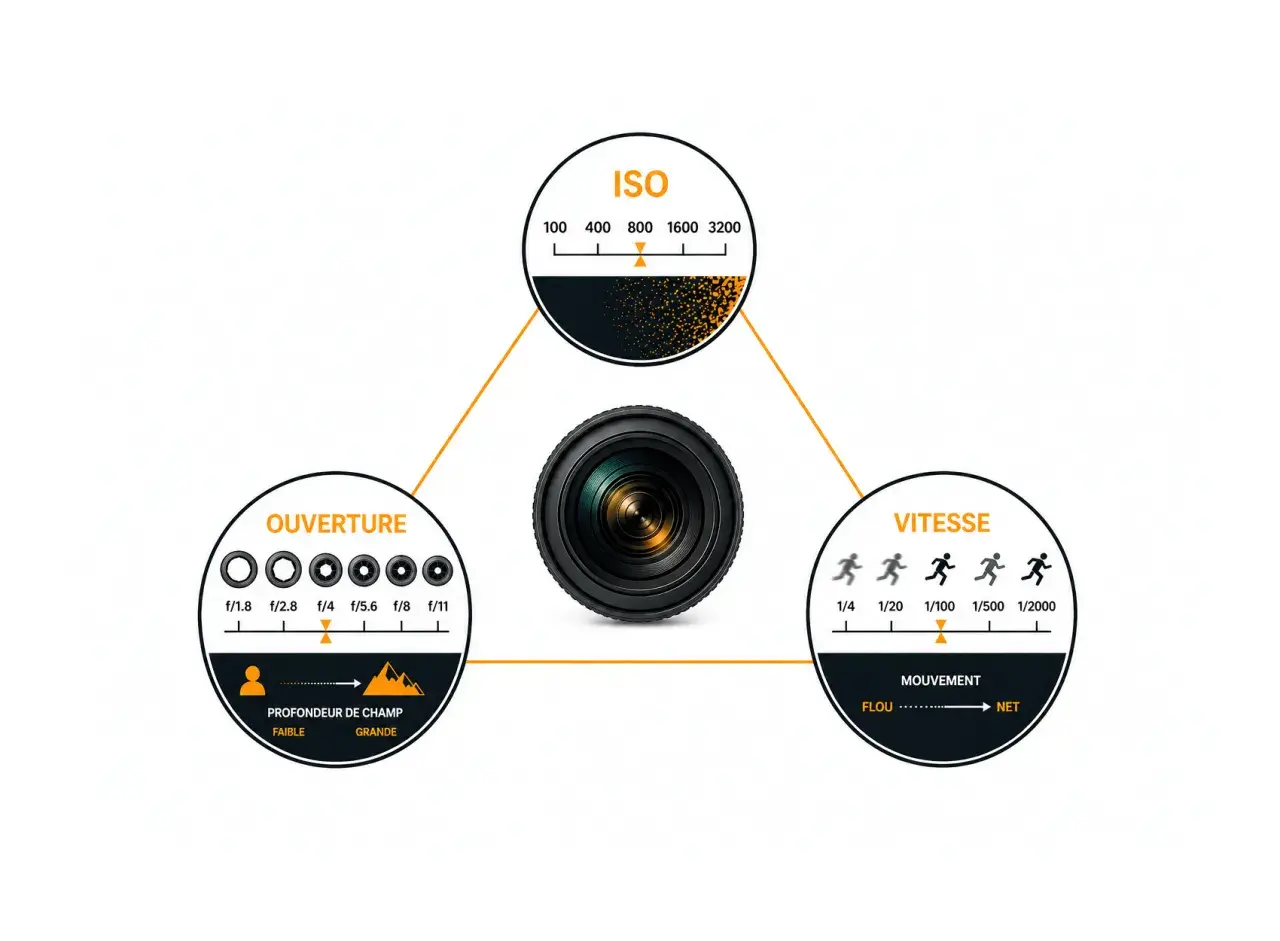 Schéma expliquant la photographie technique : ISO, ouverture et vitesse. Un objectif est au centre, relié à des cercles illustrant ces concepts.