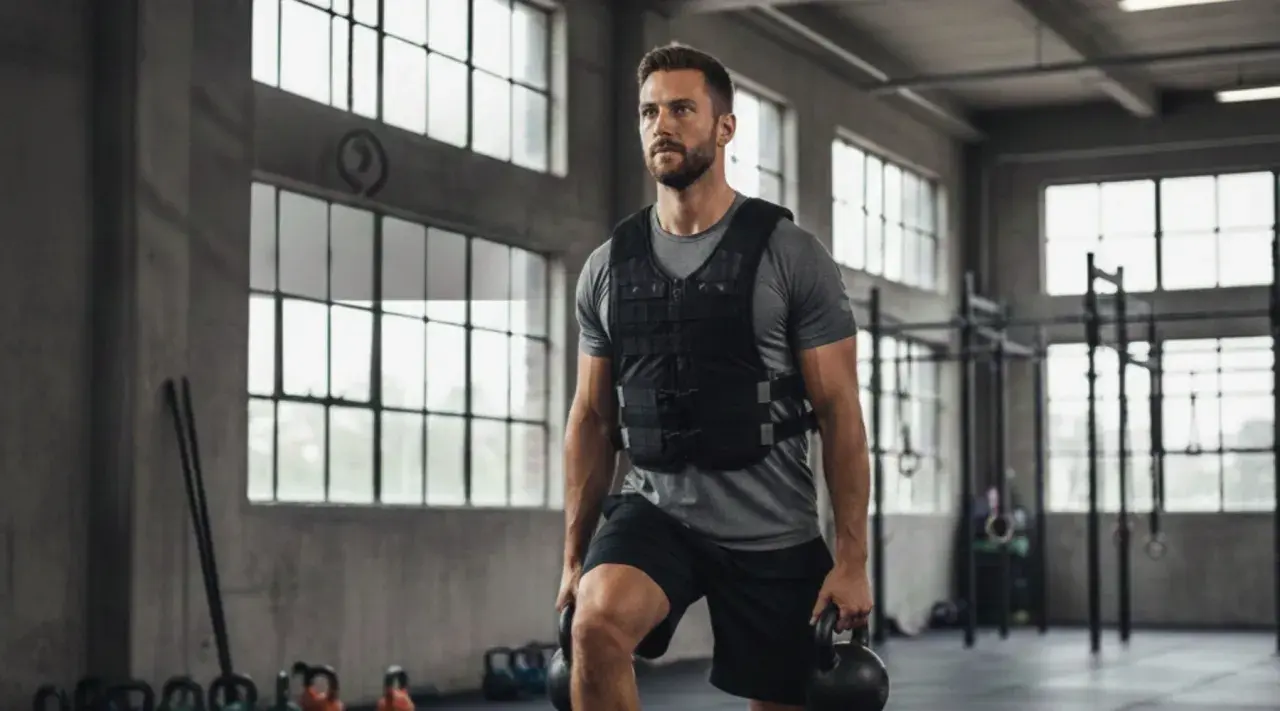 Mann mit Gewichtsweste im Alltag, hebt Kettlebells im Fitnessstudio.