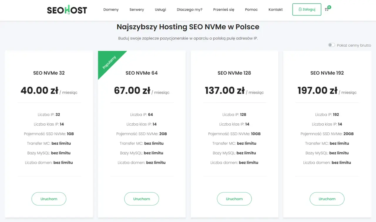 Oferta hostingu SEO NVMe w Polsce. Wybierz pakiet od 32 do 192 IP, z nieograniczoną liczbą domen.