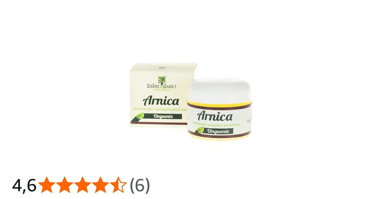Unguento all'arnica, ideale per i benefici su botte e contusioni. Confezione e vasetto mostrati.