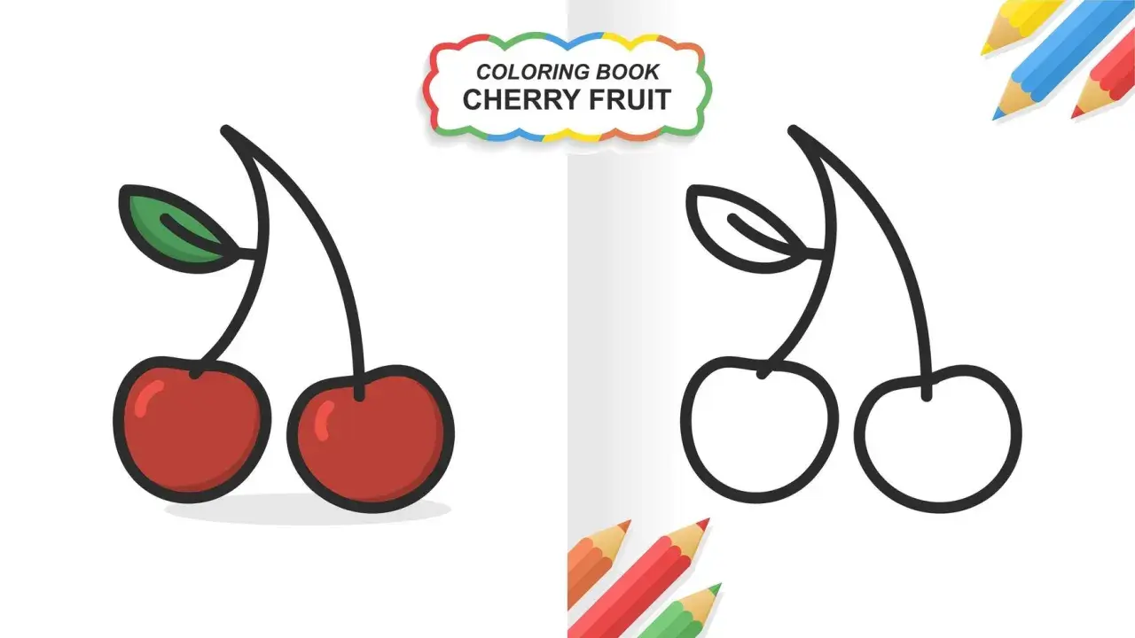 Dos cerezas, una coloreada y otra para colorear, listas para darles vida con lápices de colores.
