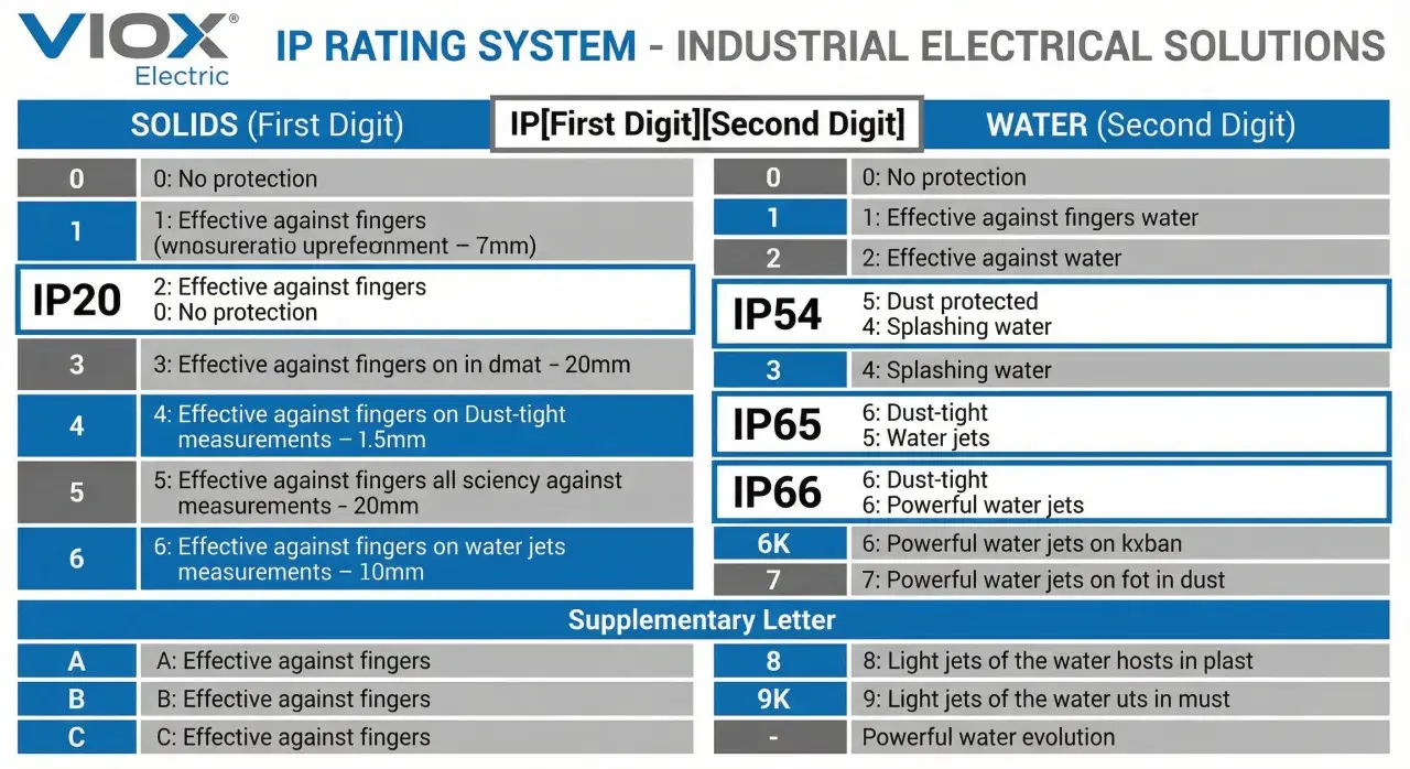 Tableau du système de classification IP VIOX. IP30 indique une protection contre les doigts et aucune protection contre l'eau.