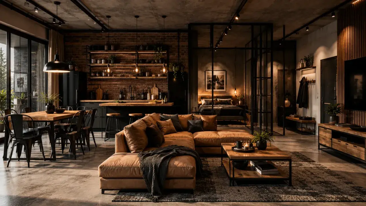 Wnętrze w stylu loft: otwarta przestrzeń z kuchnią, jadalnią i salonem. Brązowa kanapa, drewniany stół, ceglana ściana i industrialne oświetlenie tworzą przytulny klimat.
