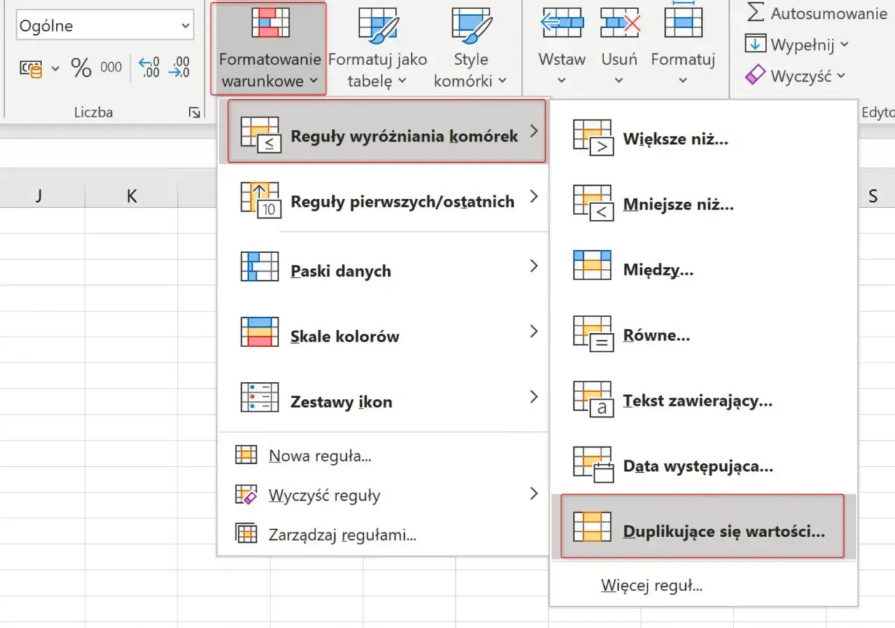 Excel: Formatowanie warunkowe > Reguły wyróżniania komórek > Duplikujące się wartości. Pomaga to usunąć duplikaty w arkuszu.