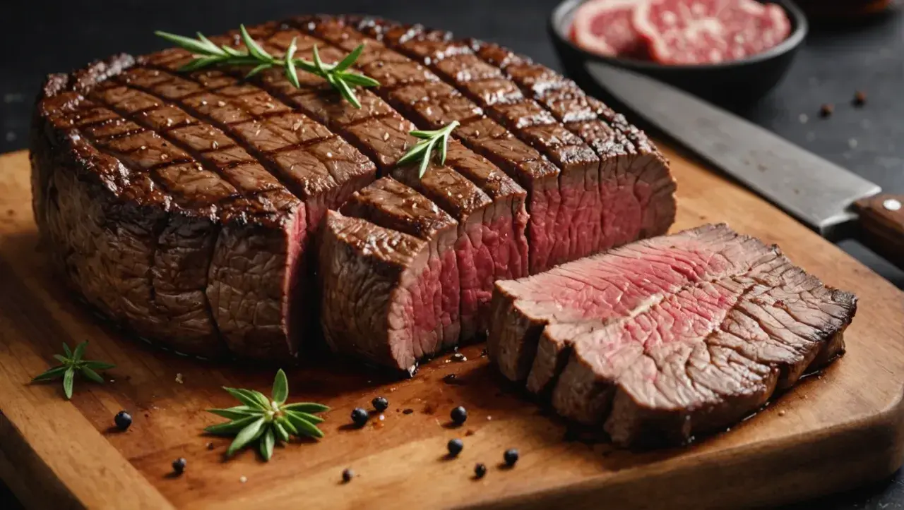Un délicieux pave de lieu, grillé à la perfection, coupé en tranches rosées, garni de romarin et de grains de poivre sur une planche en bois.