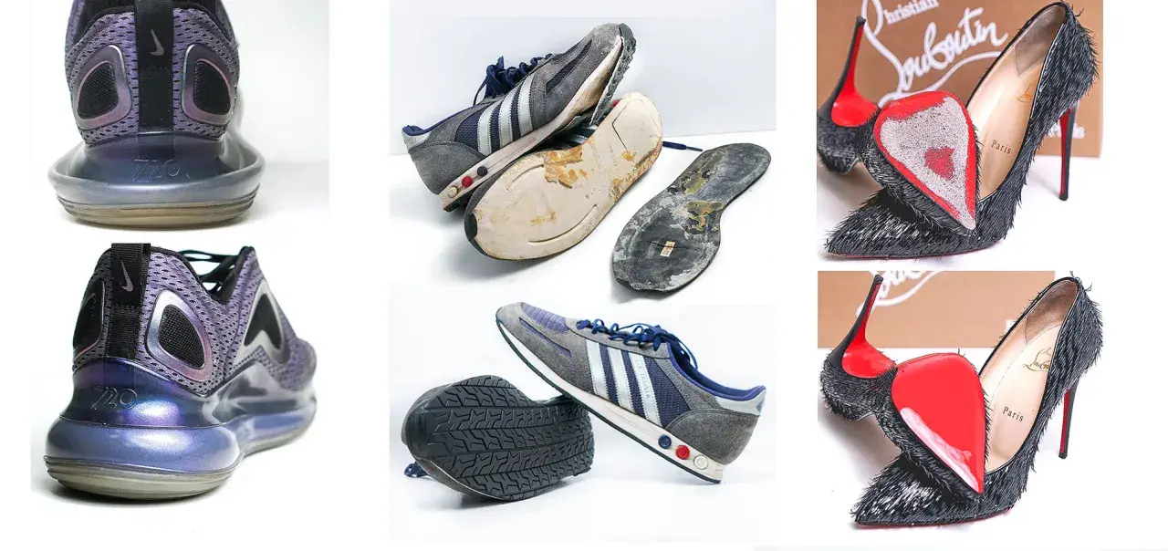 Naprawa podeszwy buta: zniszczone podeszwy adidasów i butów Nike, a także eleganckie szpilki Louboutin.