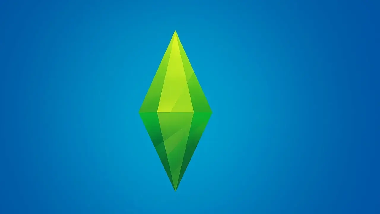 Zielony, geometryczny symbol na niebieskim tle, przypominający klejnot. Kojarzy się z grą The Sims 4 i jej kodami, które ułatwiają rozgrywkę.