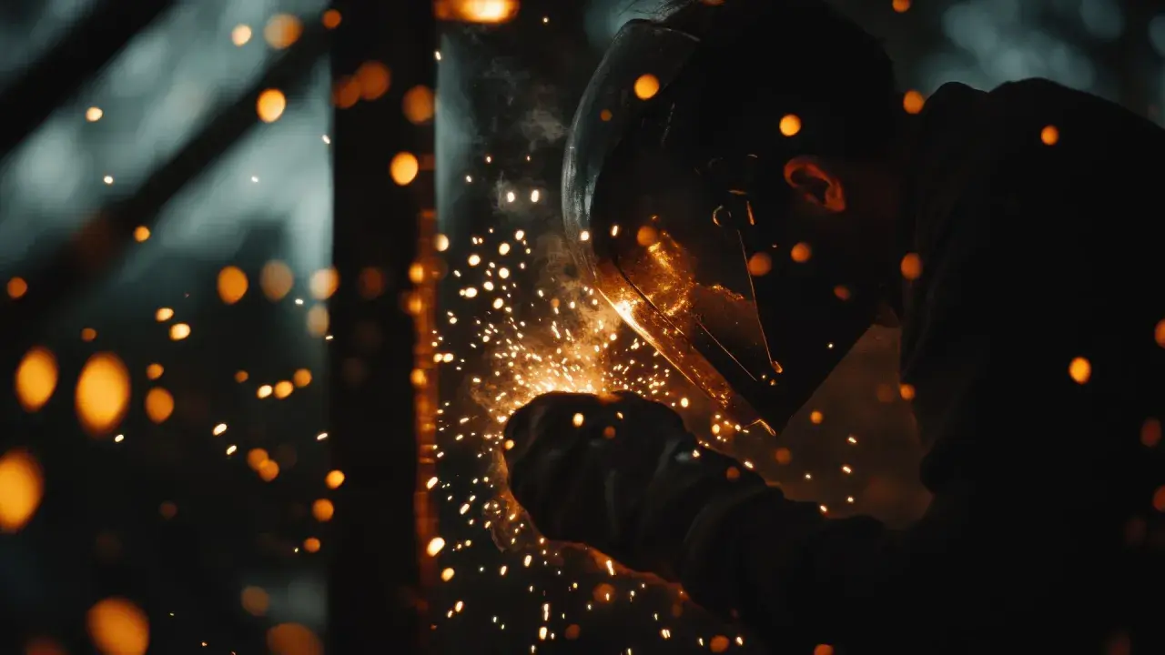 Soldadura con gas: chispas naranjas iluminan la oscuridad mientras un soldador con casco trabaja.