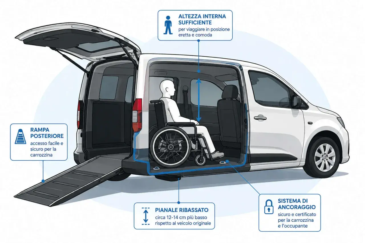 Veicolo accessibile con rampa, pianale ribassato e **sistemi di ritenuta** sicuri per carrozzina e occupante. Spazio interno sufficiente per viaggiare comodi.