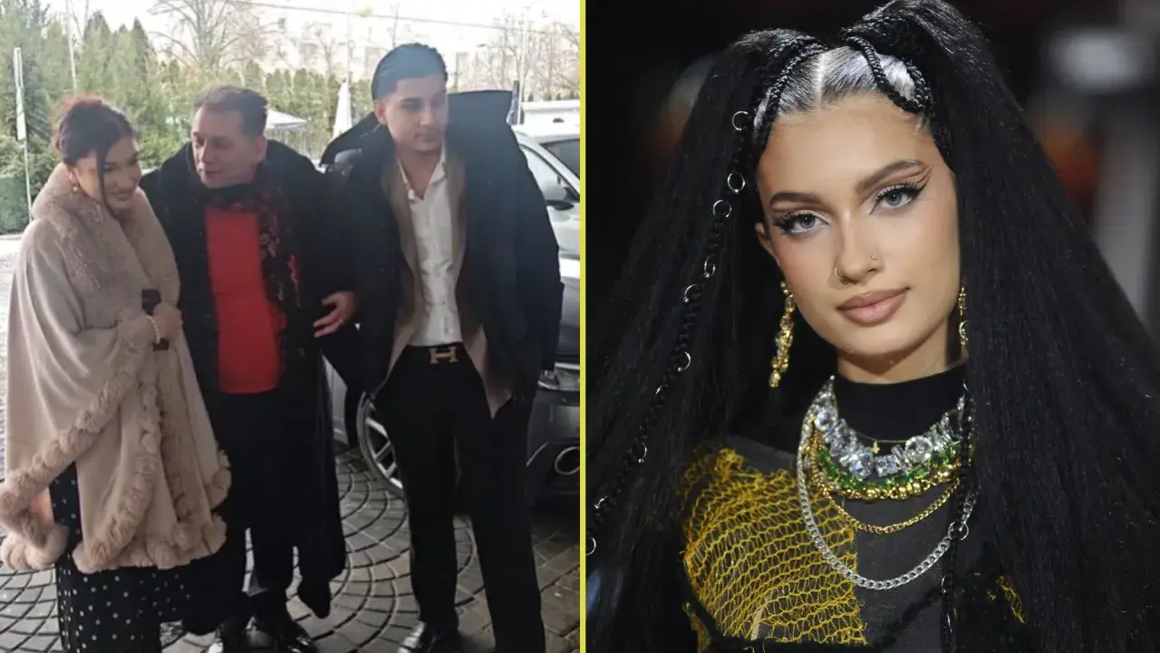 Viki Gabor z rodziną. Mężczyzna w białej koszuli i czarnej kurtce, obok niego kobieta w beżowym płaszczu.