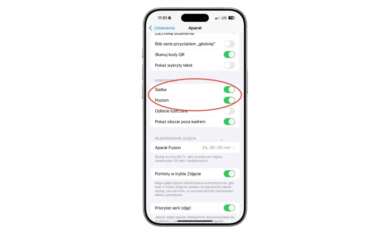 Ustawienia aparatu iPhone: włączona siatka i poziom do manualnych ustawień kompozycji zdjęć.
