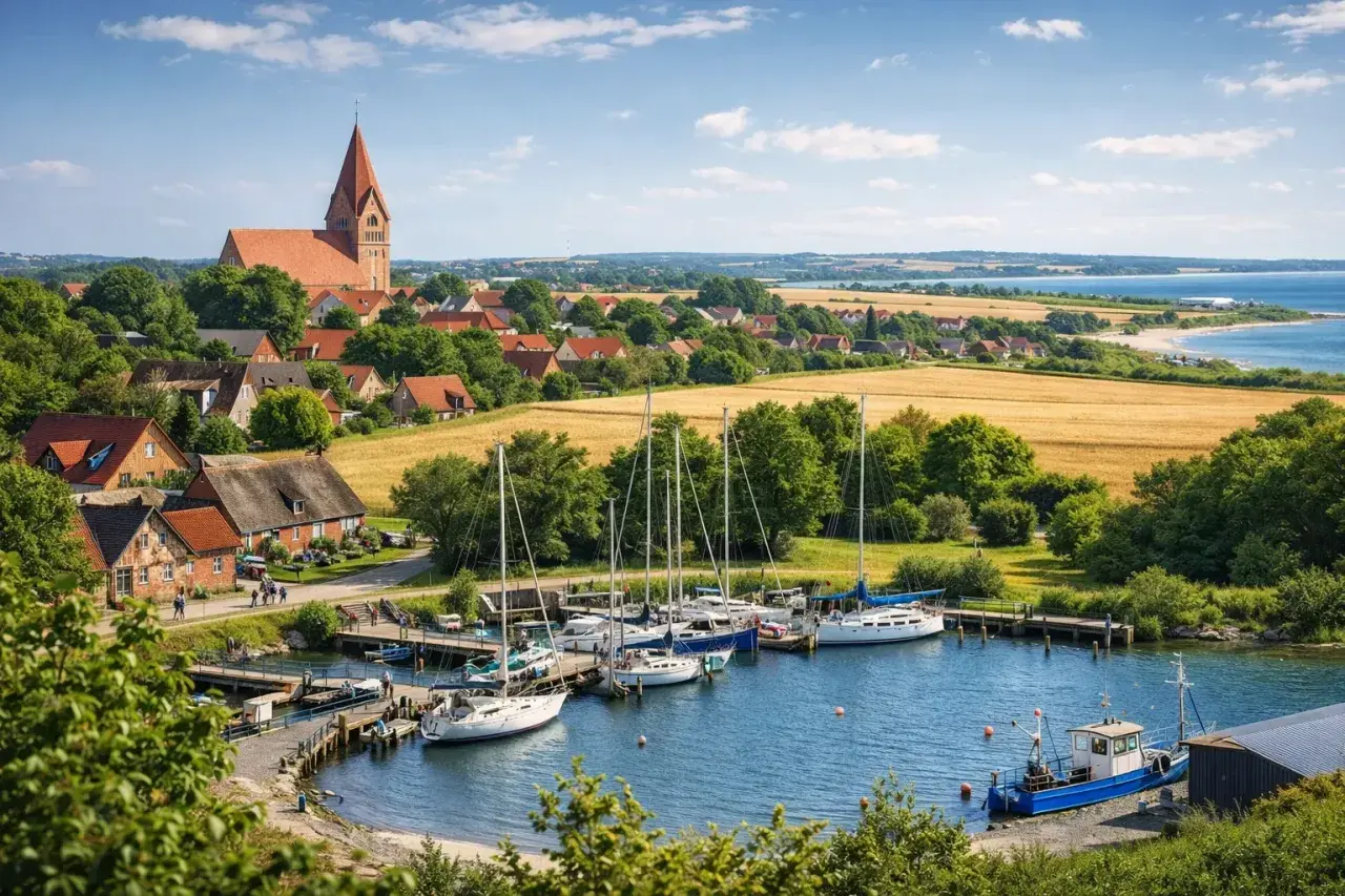 Idyllischer Hafen mit Segelbooten und Kirche. Entdecken Sie Fehmarn Geheimtipps in diesem malerischen Ort.