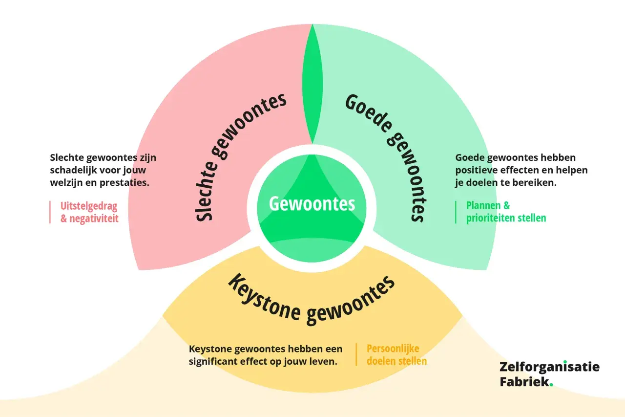 Diagram over gewoontes: slechte, goede en keystone. Werken aan jezelf door positieve gewoontes te ontwikkelen.