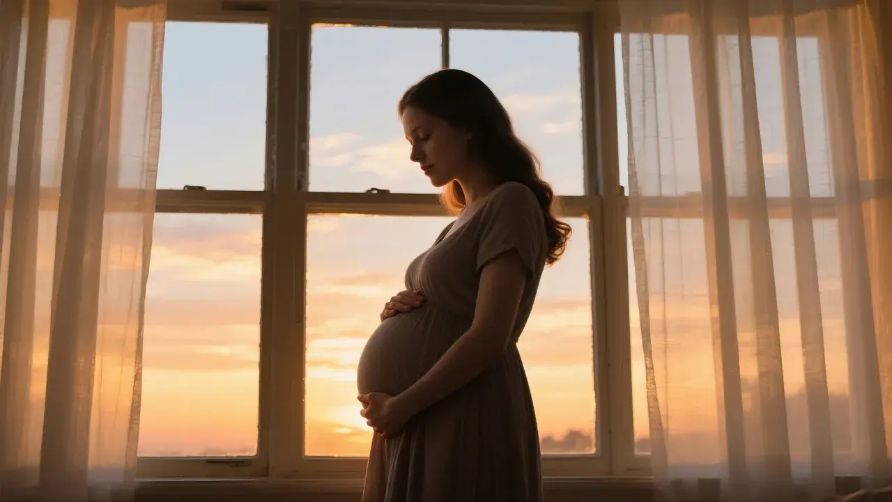 Kobieta w ciąży przy oknie, otoczona ciepłym światłem zachodzącego słońca. Czuć w niej spokój i radość, jakby doświadczała hormonu szczęścia.