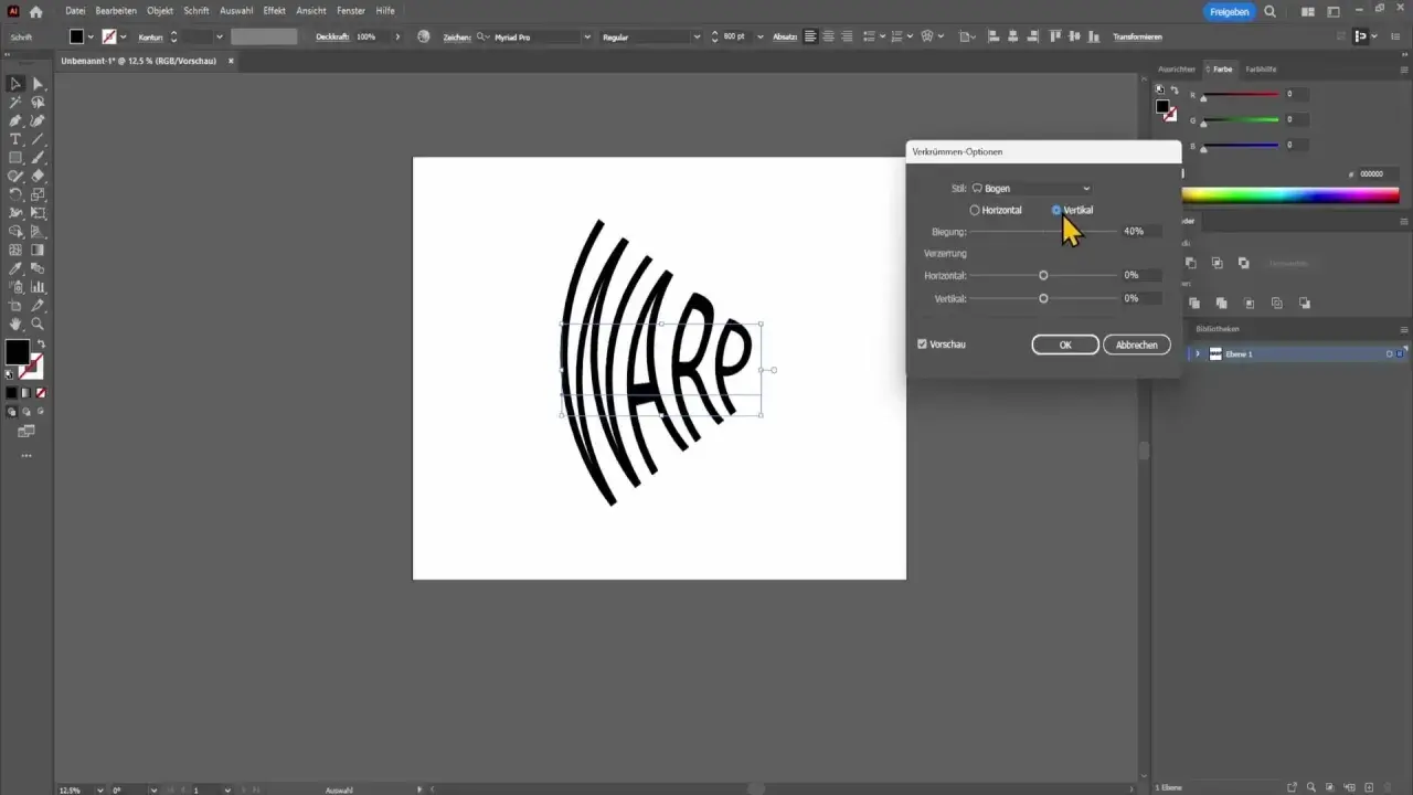 Buchstaben ineinander verschlungen in Illustrator, der Text "WARP" wird vertikal verkrümmt.