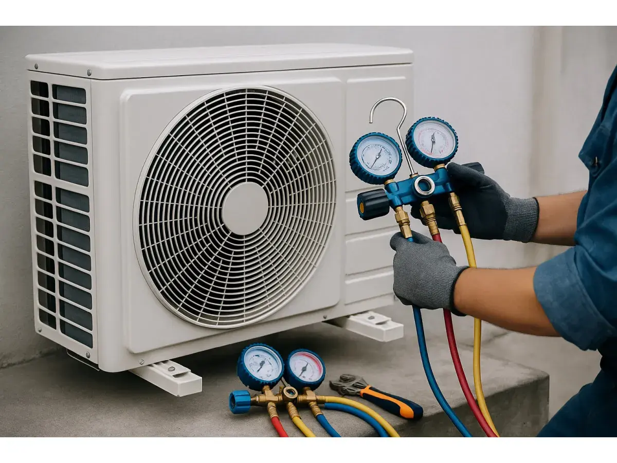 Tecnico controlla la pressione del gas con manometri per capire se manca gas condizionatore.
