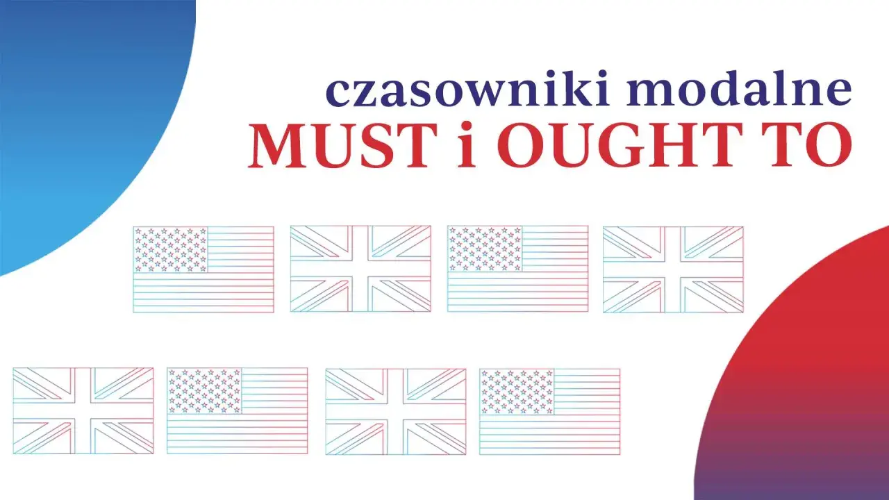 Grafika z napisami "czasowniki modalne MUST i OUGHT TO" oraz stylizowanymi flagami USA i Wielkiej Brytanii. Powinniśmy się uczyć takich słówek.