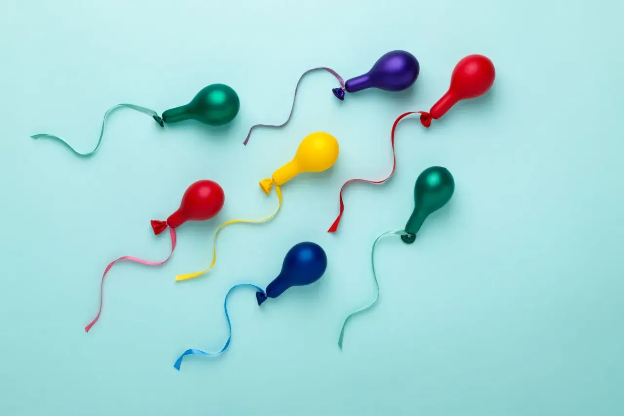 Kolorowe balony w kształcie plemników, symbolizujące kobiecy wytrysk, unoszą się na błękitnym tle.