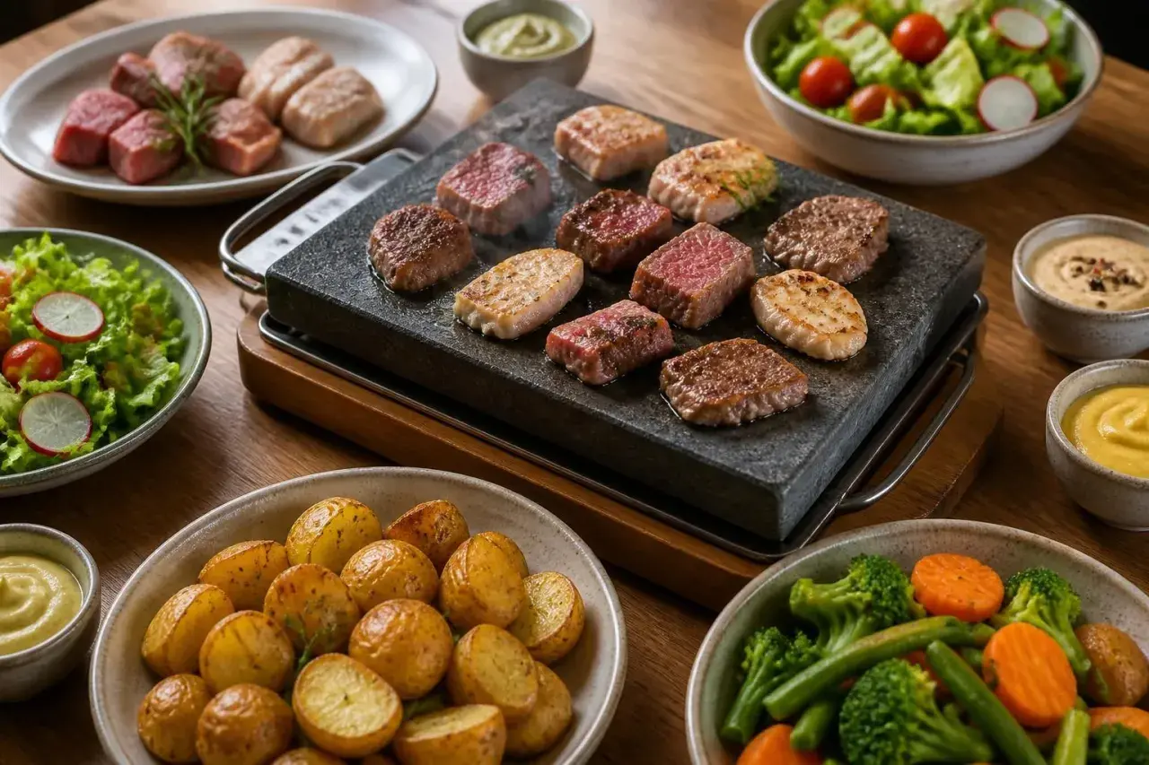 Une pierrade recette avec des morceaux de viande et de poisson grillés sur une pierre chaude, accompagnés de pommes de terre, de légumes et de sauces.