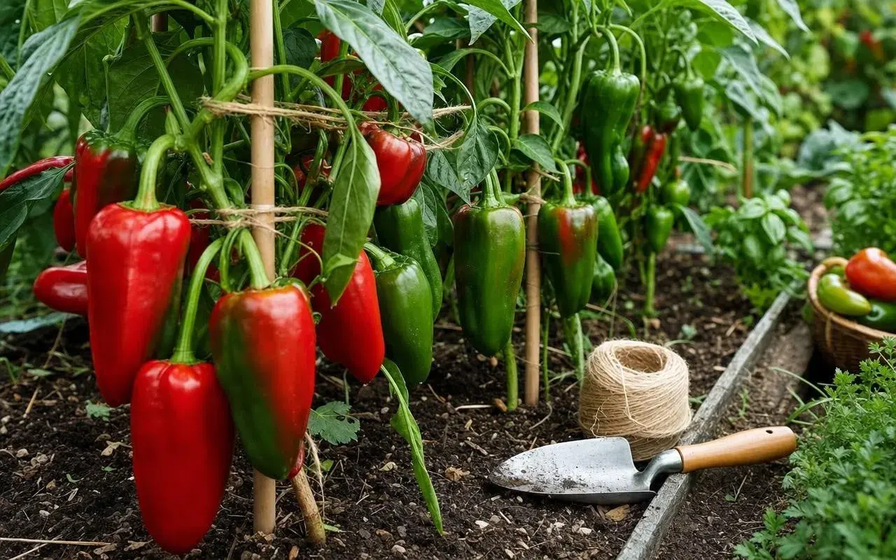 Des poivrons rouges et verts mûrissent sur une poivron plante dans un potager. Une petite pelle et une bobine de ficelle sont à proximité.