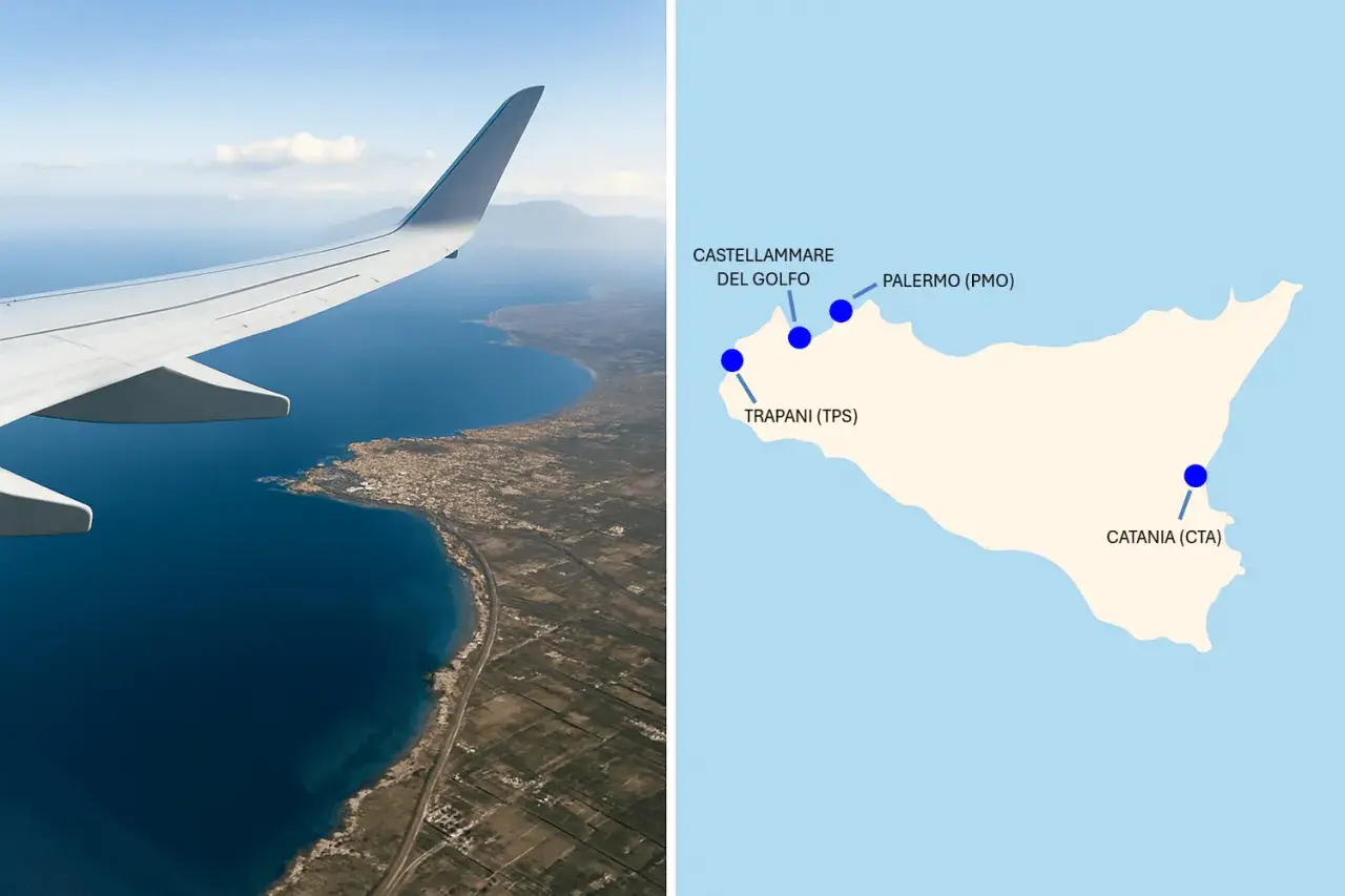 Planning where to fly into Sicily? This image shows an airplane wing over the coast and a map highlighting airports in Palermo (PMO), Trapani (TPS), and Catania (CTA).