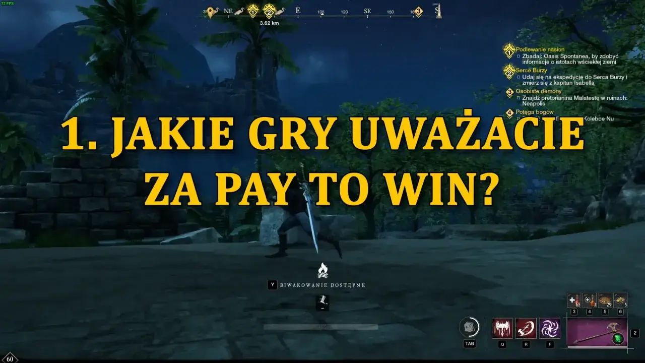 1. Jakie gry uważacie za p2w? Postać w grze z mieczem na tle ruin i dżungli.