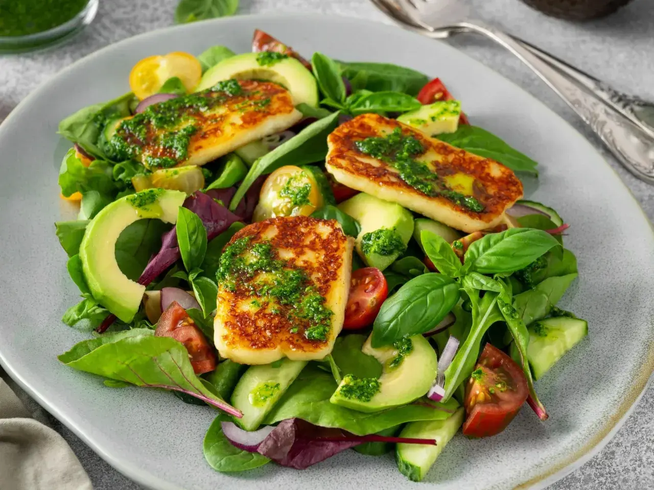Pyszna sałatka z halloumi, awokado, pomidorkami i ogórkiem, polana zielonym sosem.