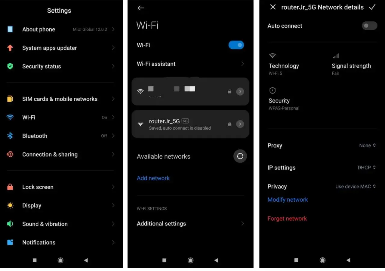 Na ekranie telefonu Xiaomi widać, że sieć wifi "routerJr_5G" jest zapisana, ale automatyczne połączenie jest wyłączone.