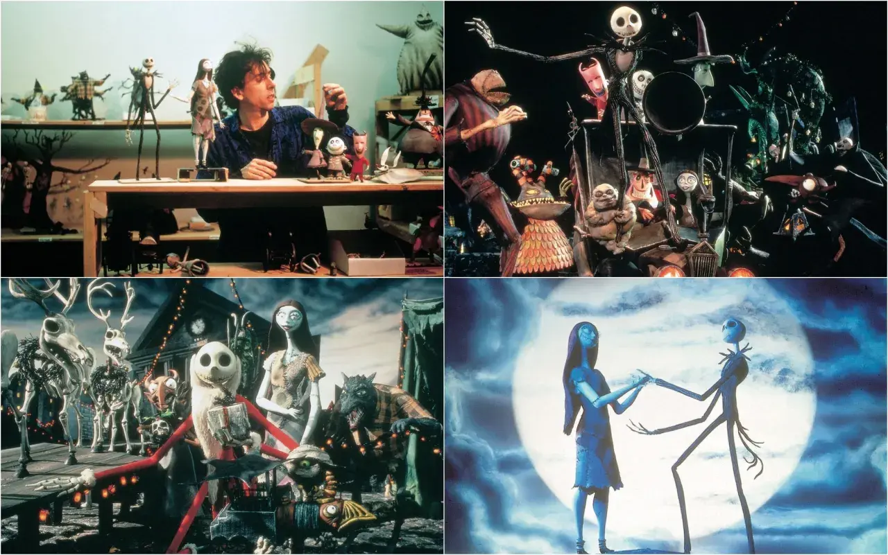 Collage di scene da "Nightmare Before Christmas": Tim Burton con pupazzi, Jack Skeletron e Sally, la parata natalizia e la danza sotto la luna. La trama del film è un'avventura gotica.
