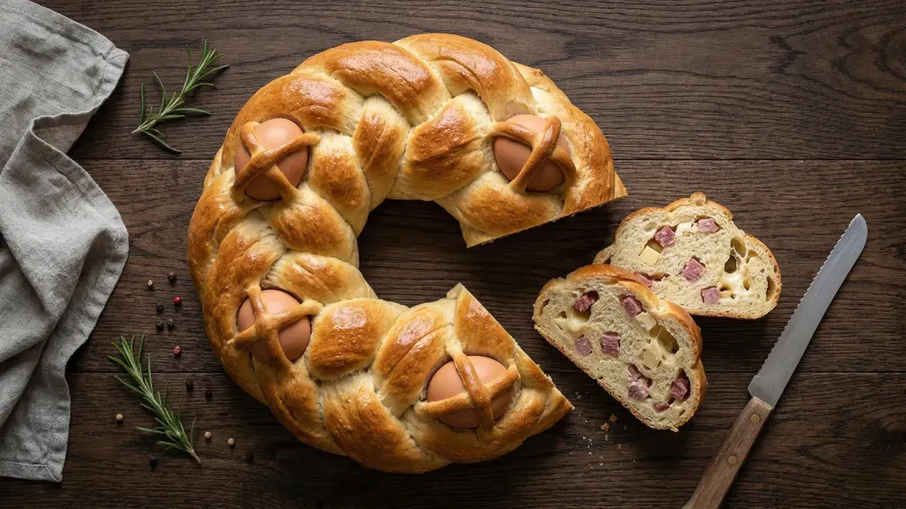 Casatiello napoletano intrecciato con uova, pronto per essere affettato e gustato con salumi e formaggio.
