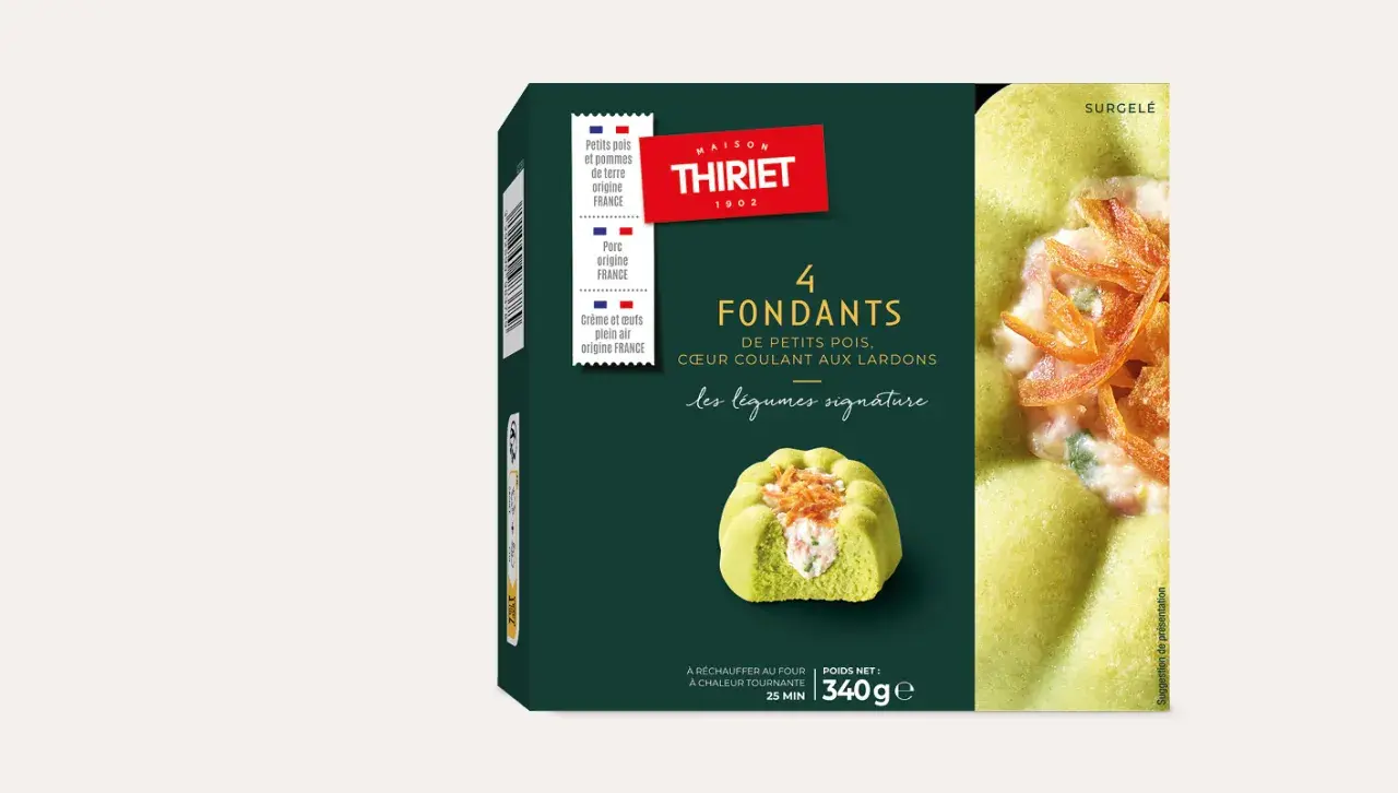 Boîte de 4 fondants surgelés Thiriet : petits pois, cœur coulant aux lardons. Une recette savoureuse pour un plat original.