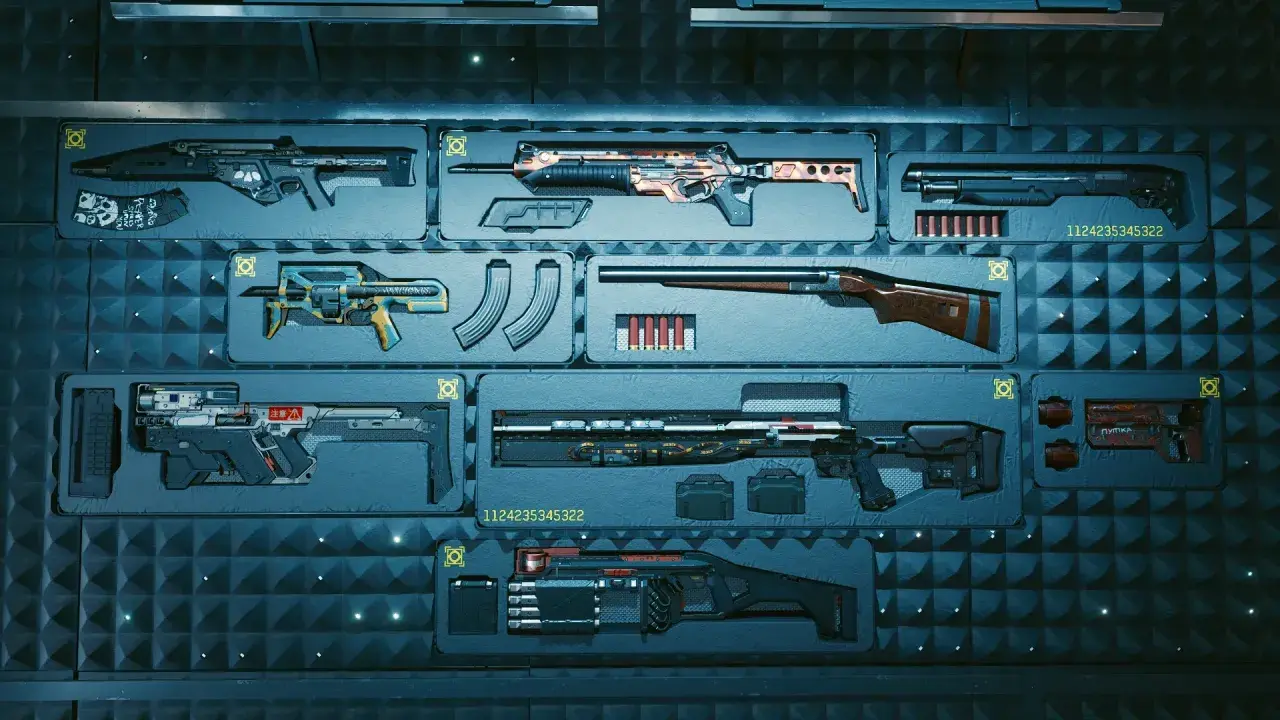 Kolekcja futurystycznych broni z Cyberpunk 2077, w tym karabiny i strzelby, gotowa do walki. To najlepsze bronie, jakie możesz zdobyć.
