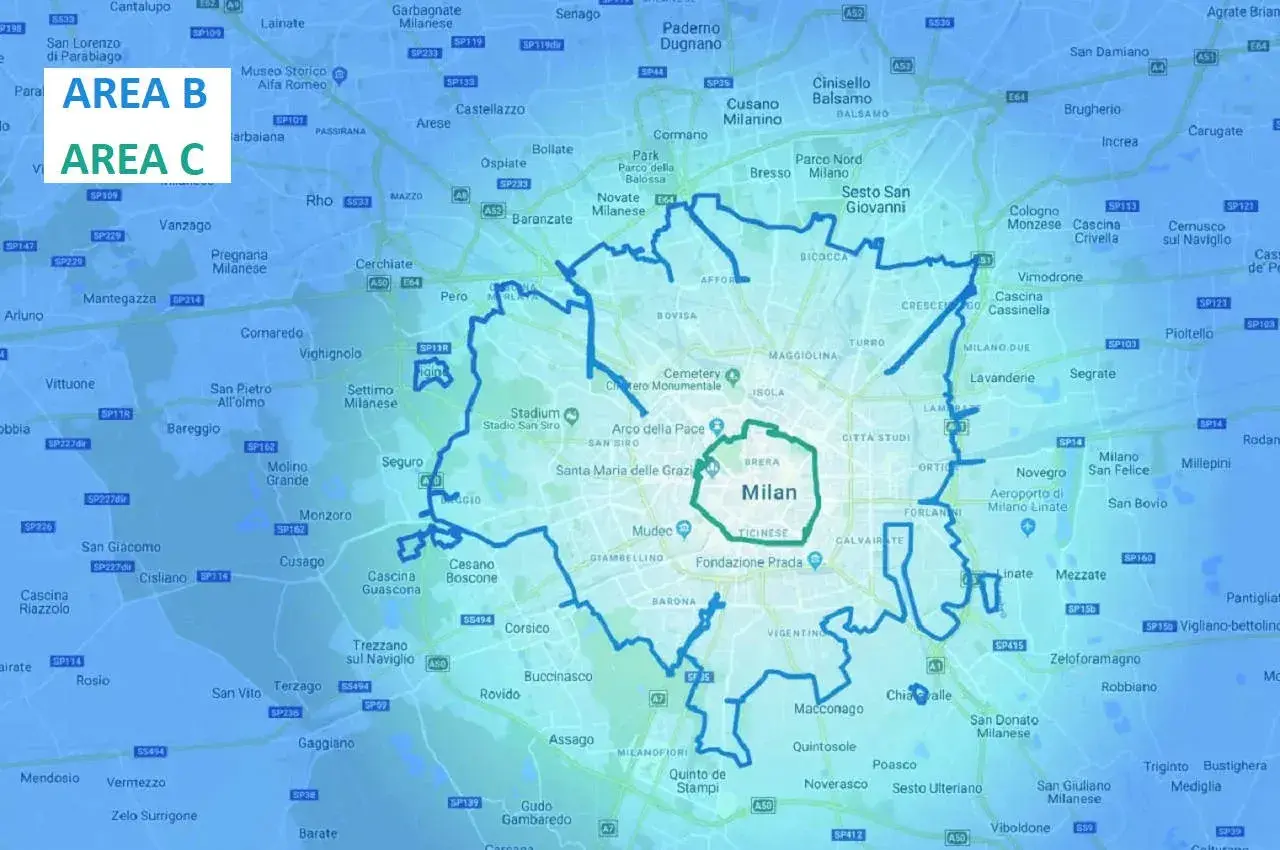 Circolazione euro 5 diesel fino a quando? La mappa mostra le aree B e C di Milano, con i confini delle zone a traffico limitato.