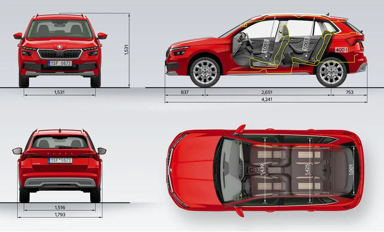 Szczegółowe skoda kamiq wymiary: wysokość 1531 mm, szerokość 1793 mm, długość 4241 mm. Wnętrze oferuje 1051 mm przestrzeni nad głową z przodu i 1003 mm z tyłu.