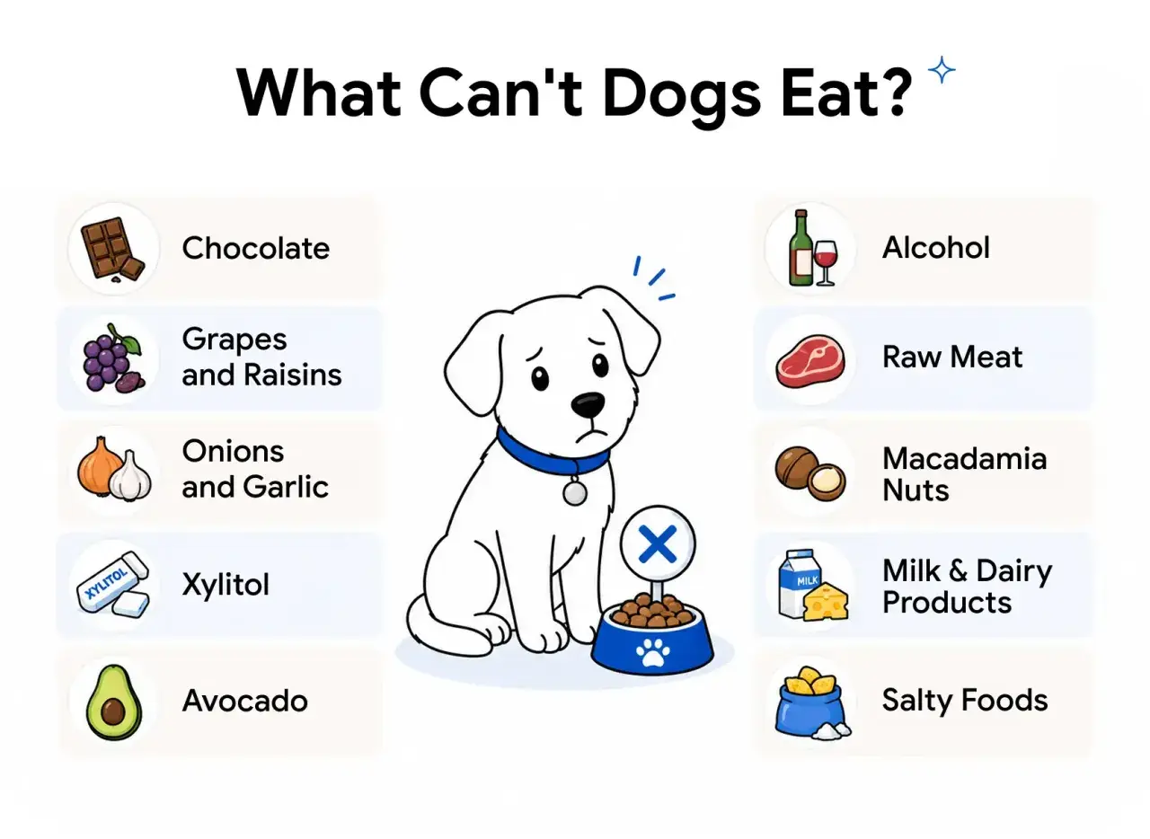Sad dog illustration lists what dogs can't eat: chocolate, grapes, onions, xylitol, avocado, alcohol, raw meat, macadamia nuts, dairy, and salty foods.